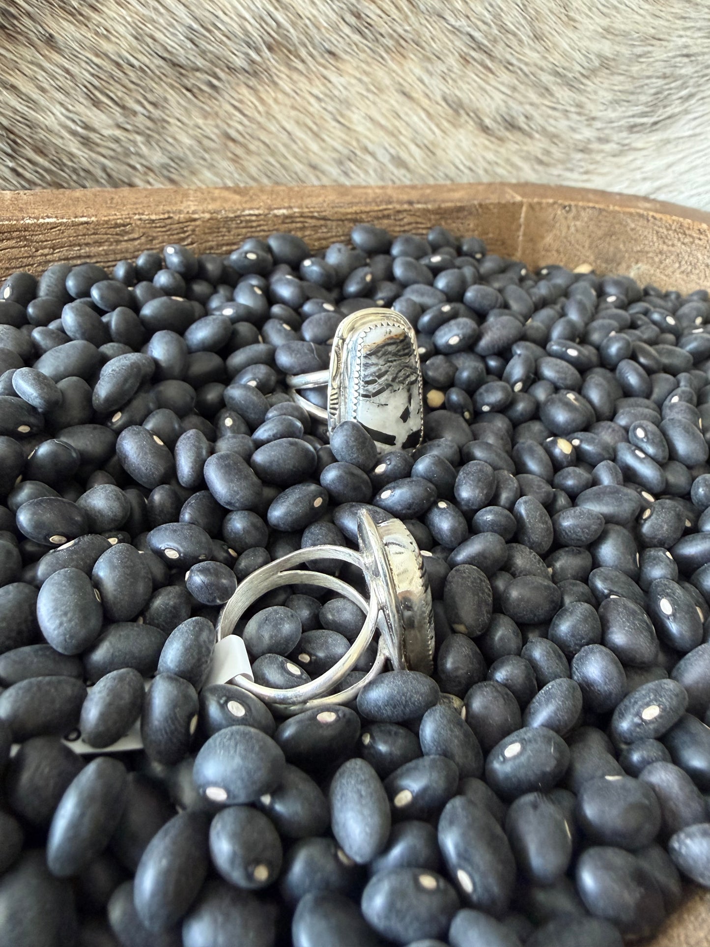 White Buffalo Serrated Bezel Rings