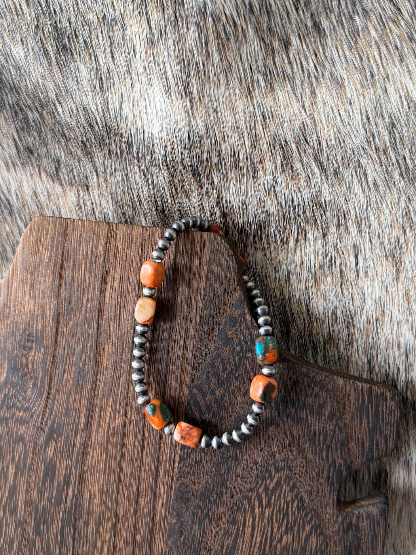 Orange/Turquoise Dahlia and Sterling Silver Pearl Stretch Bracelet
