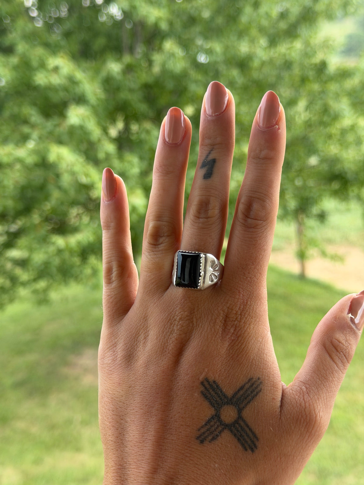 Native Black Onyx Ring with Detailed Band