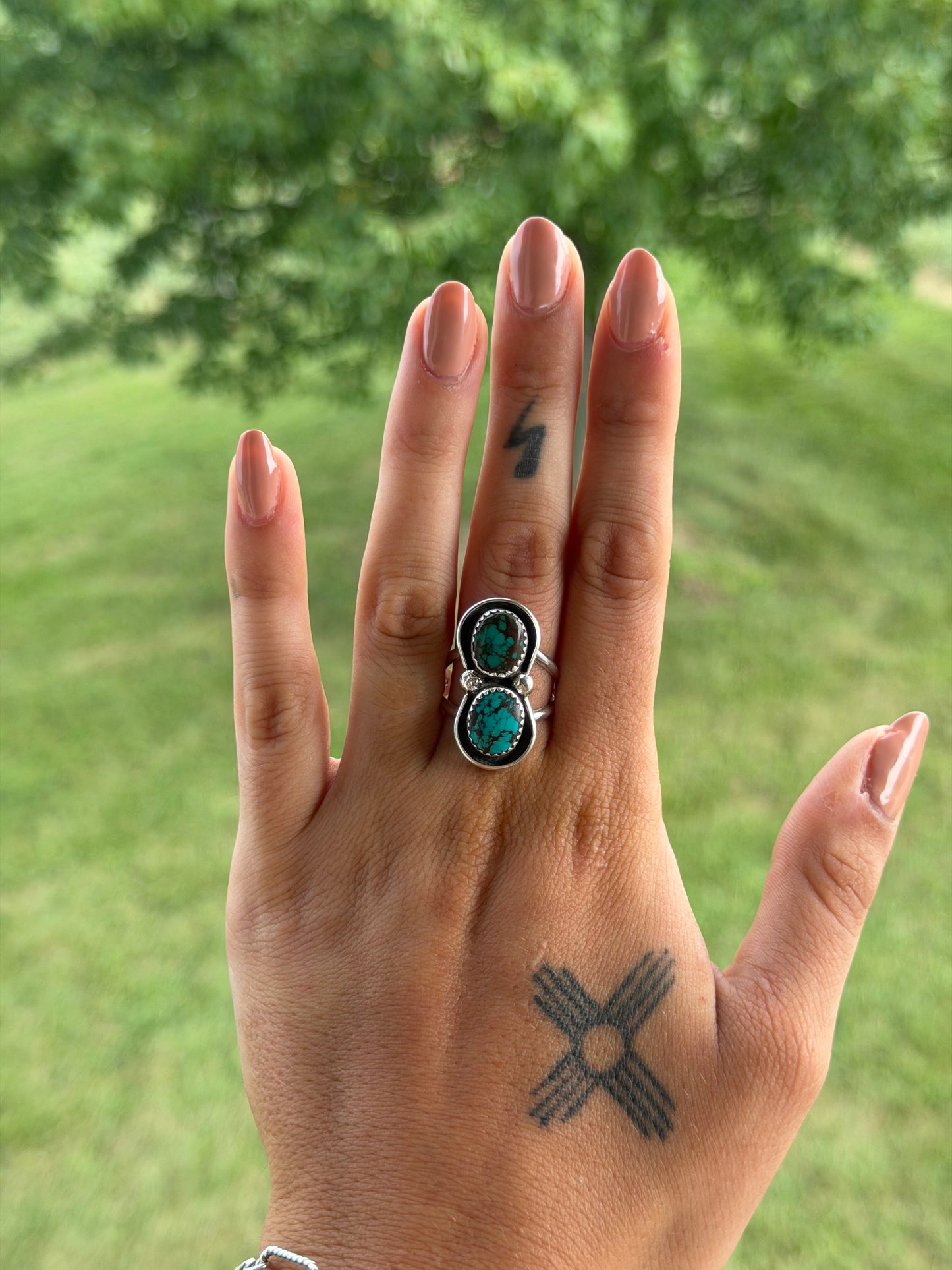Native Double Stone Hubei Turquoise Ring