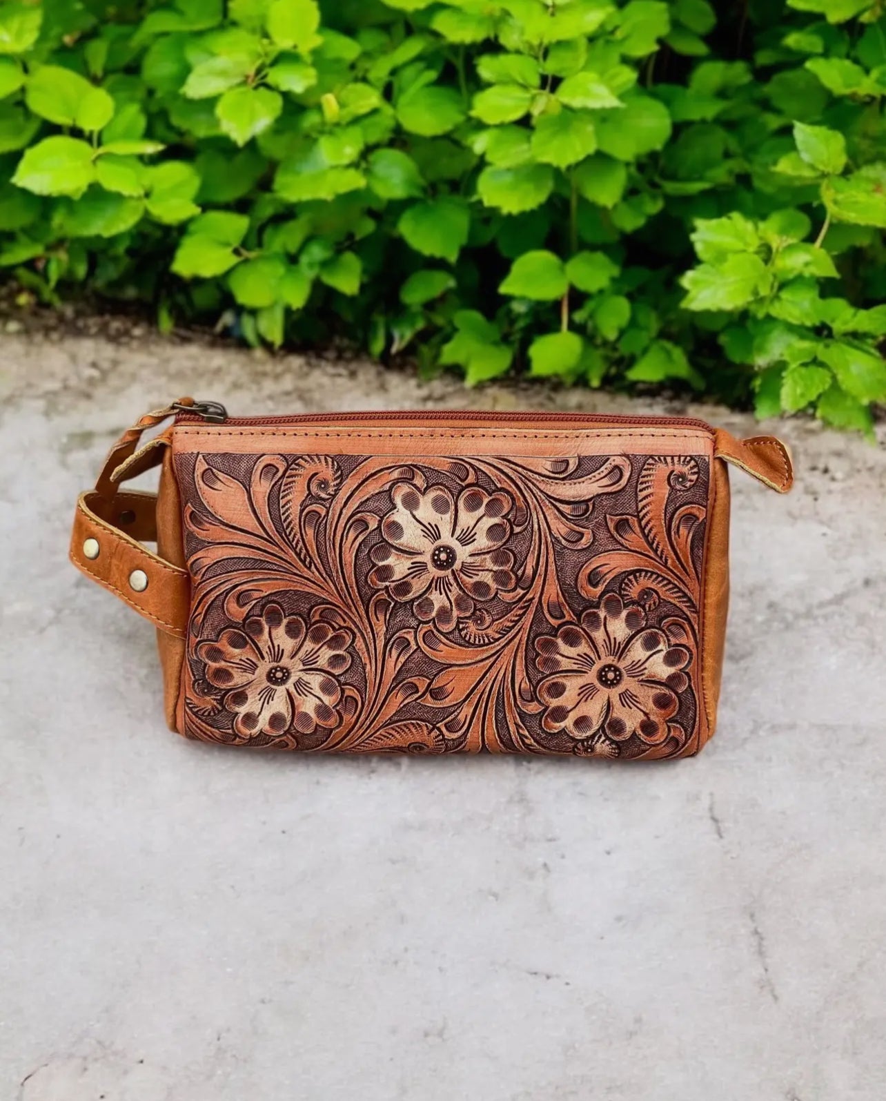 Tan Floral Tooled Leather Toiletry Bag