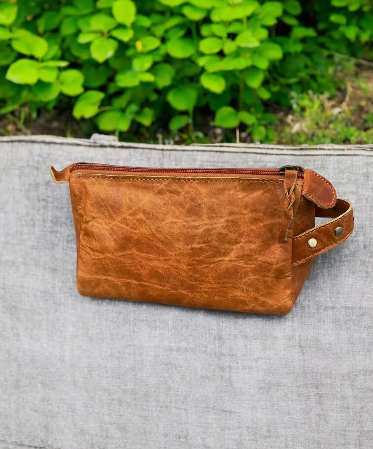 Tan Floral Tooled Leather Toiletry Bag