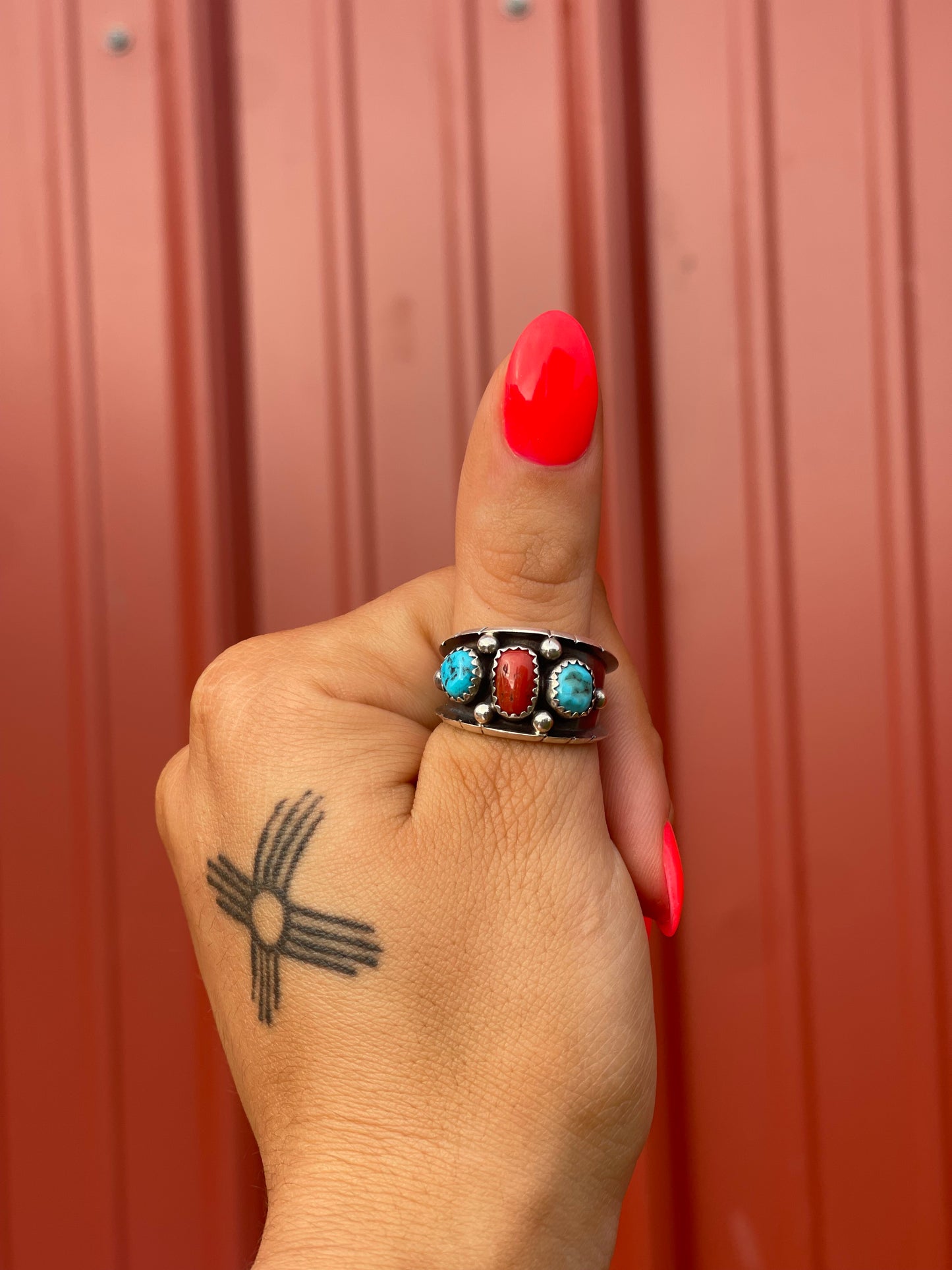 Navajo 3 Stone Turquoise and Coral Ring