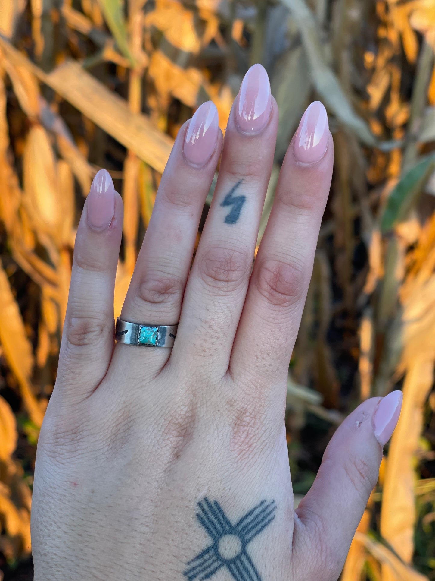 Navajo Detailed Silver Band with Square Turquoise Stone