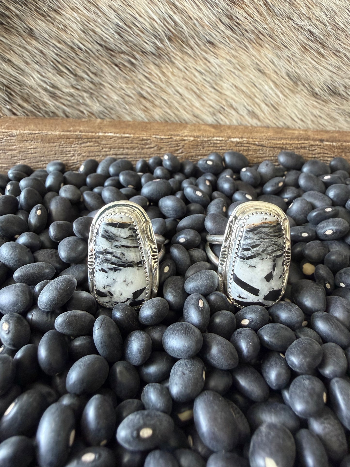 White Buffalo Serrated Bezel Rings