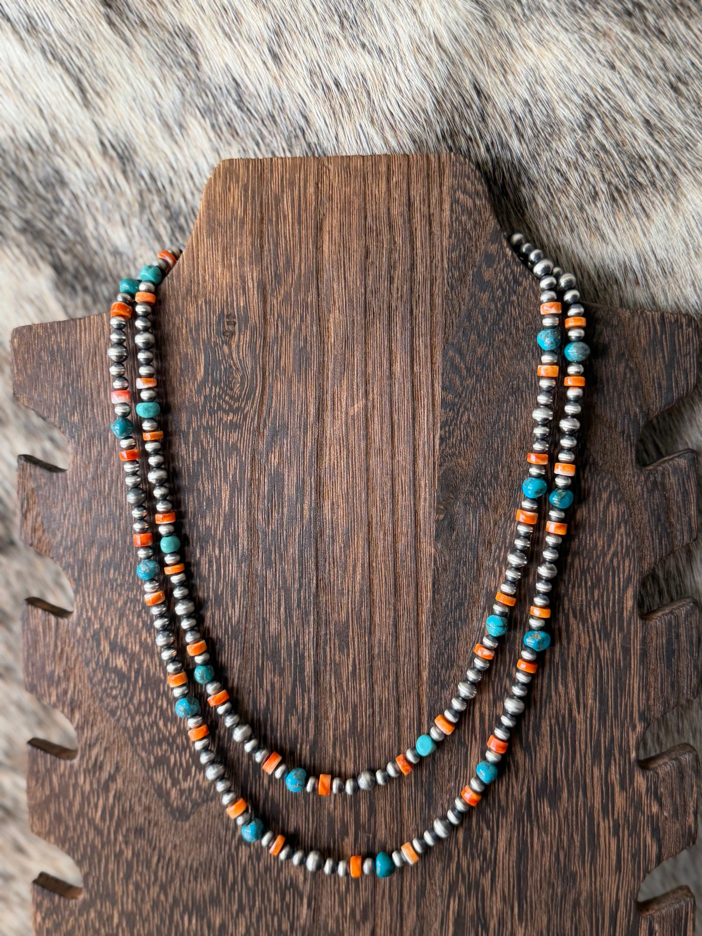 Turquoise, Orange Spiny and 4/5mm Sterling Silver Pearls