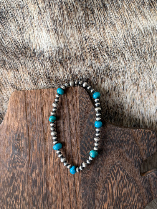 Turquoise and 4/5mm Sterling Silver Pearl Stretch Bracelet