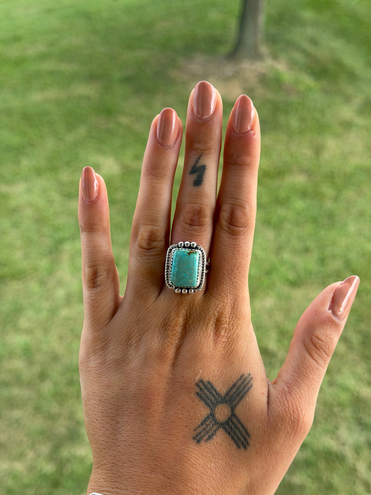 Native Rectangle Kingman Ring with Silver Bead Detailing
