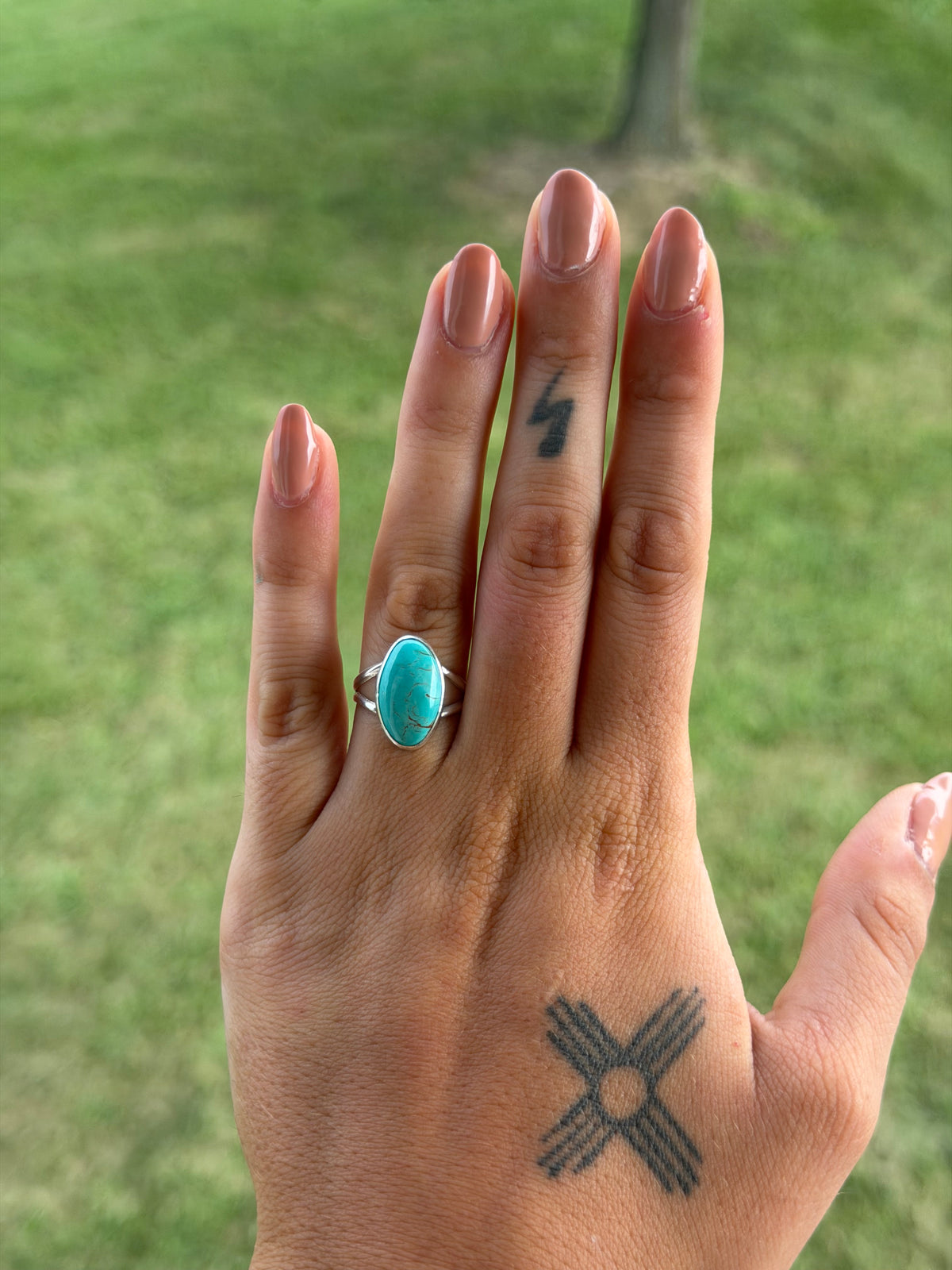 Native Oval Kingman Turquoise Ring with Double Band