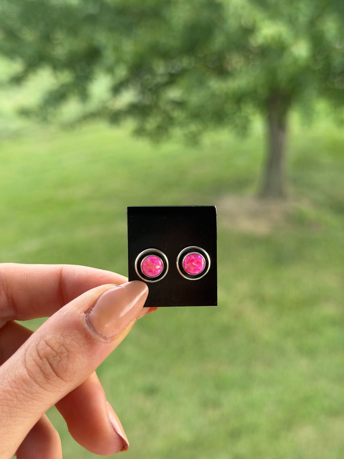 Native Pink Fire Opal Studs with Shadowbox Border