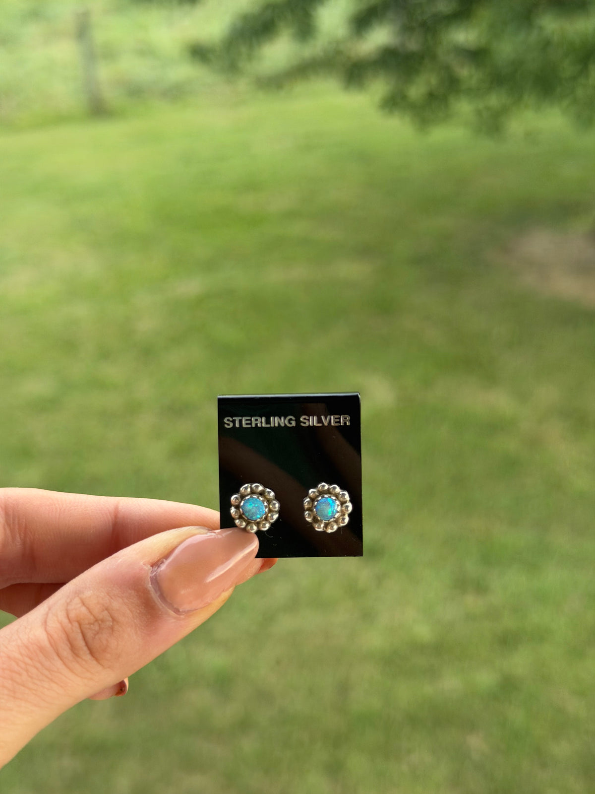 Native Light Blue Opal Flower Studs