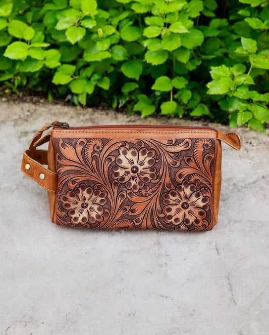 Tan Floral Tooled Leather Toiletry Bag