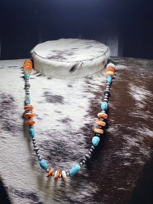Orange Spiny, Turquoise and Navajo Pearl Statement Piece