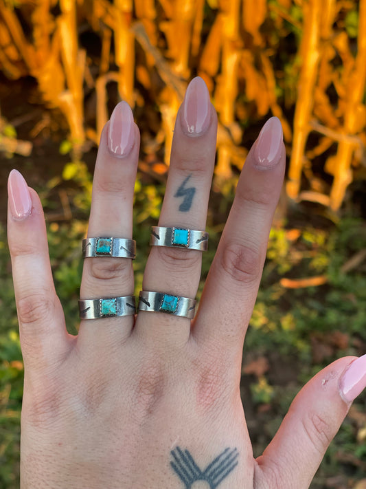Navajo Detailed Silver Band with Square Turquoise Stone