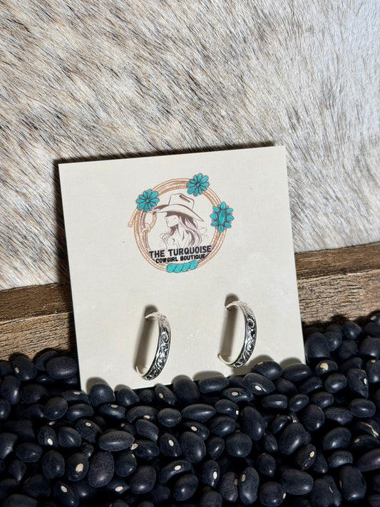 Sterling Silver Engraved Floral Hoops